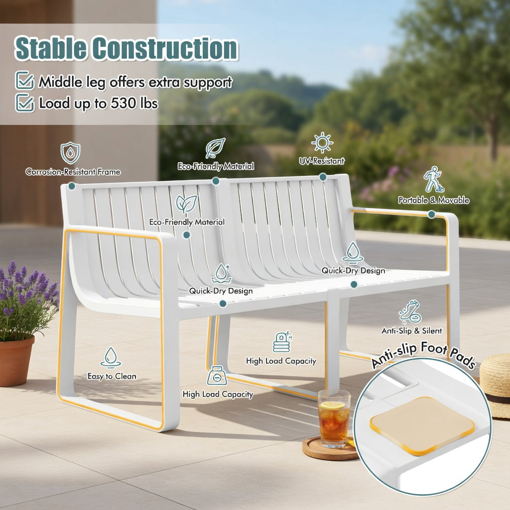 Hommoo Weather-Resistant Plastic 2-Person Outdoor Patio Loveseat Bench, Curved Backrest, White