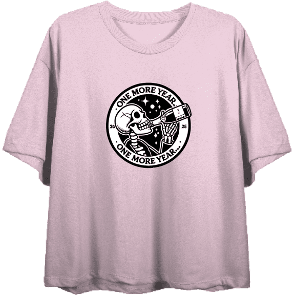 Skeleton Drinking Wine One More Year Women's Pink Crew Neck Short Sleeve Crop Tee-XS