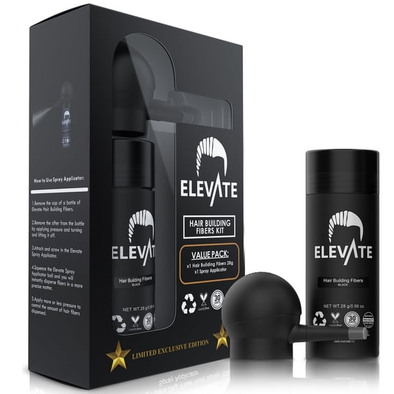Elevate Black Hair Building Fibers, 28g, with Spray Applicator