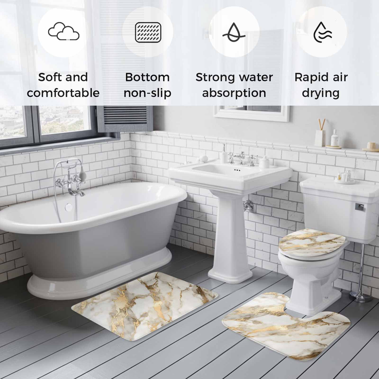 Marble Gold Bath Mat 3 Piece Bathroom Rug Set, Abstract Luxury Wave Gold Marbling Modern Non Slip Bath Rug Contour Mat and Toilet Lid Cover, Absorbent Shower Mats Soft Bath Rugs and Mats Sets