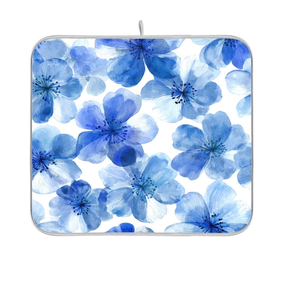 Dish Drying Mat Microfiber Kitchen Pad Large Counter Absorbent Dish Mats Drainer Rack 16"x18" Watercolor Blue Flowers