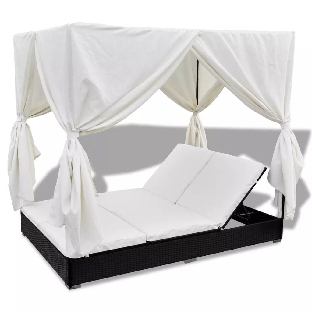Kepooman Outdoor Poly 2-Seat Adjustable Rattan Lounge Bed with Removable Curtains for Patio Beach, Black Kepooman Outdoor Poly 2-Seat Adjustable Rattan Lounge Bed with Removable Curtains for Patio Beach, Black