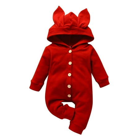 

YWLINK Toddler Kids Boys Girls Romper Button Down Long Sleeve Rabbit Ears Hooded Bodysuit Solid Color Thermal Jumpsuit