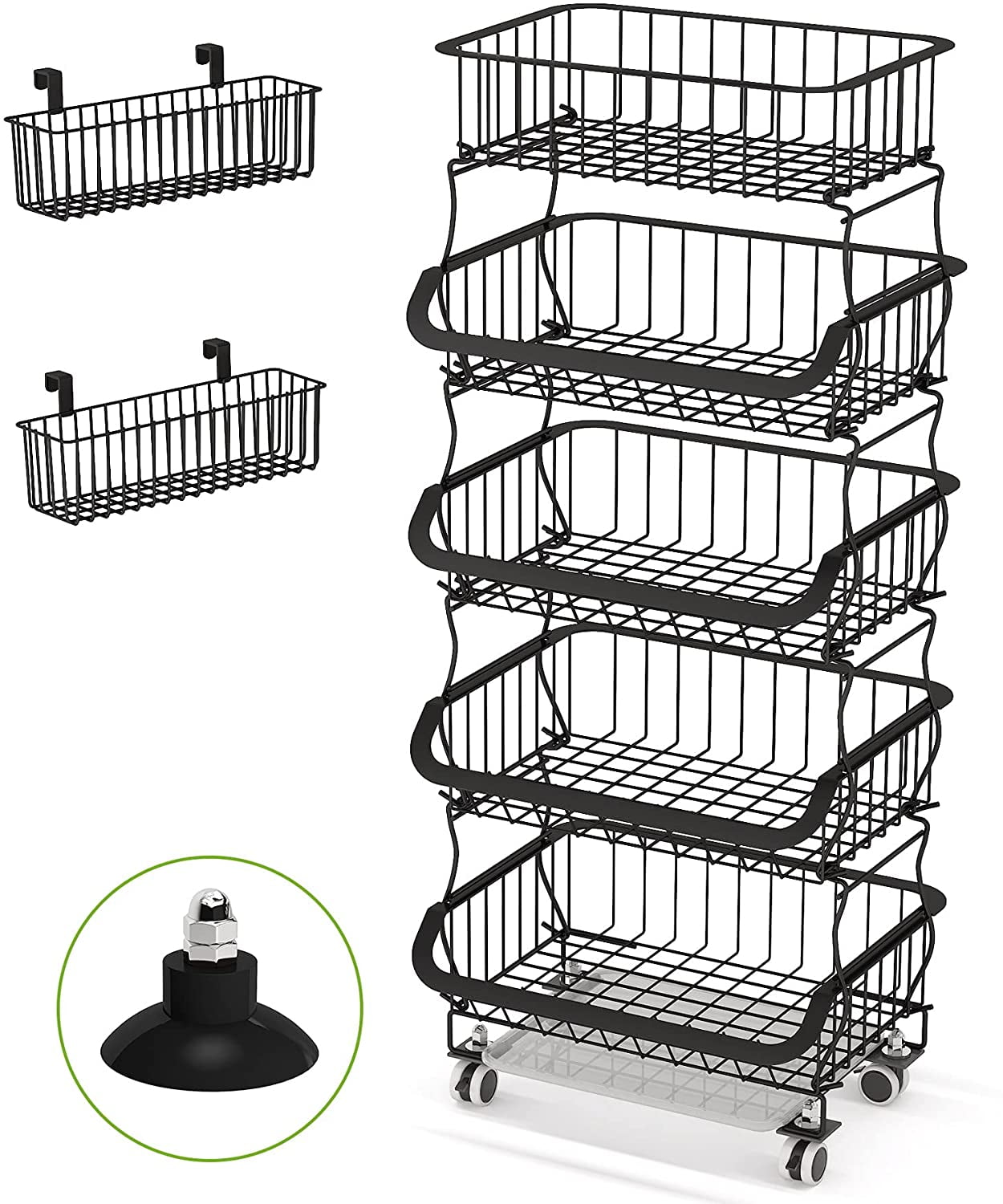 US 2-5 Tiers Rolling Storage Cart Trolley Rolling Storage Basket Stand 