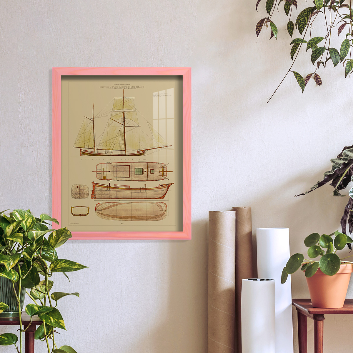 Antique Ship Plan IV -Framed Print w/glass-Sunset Pink