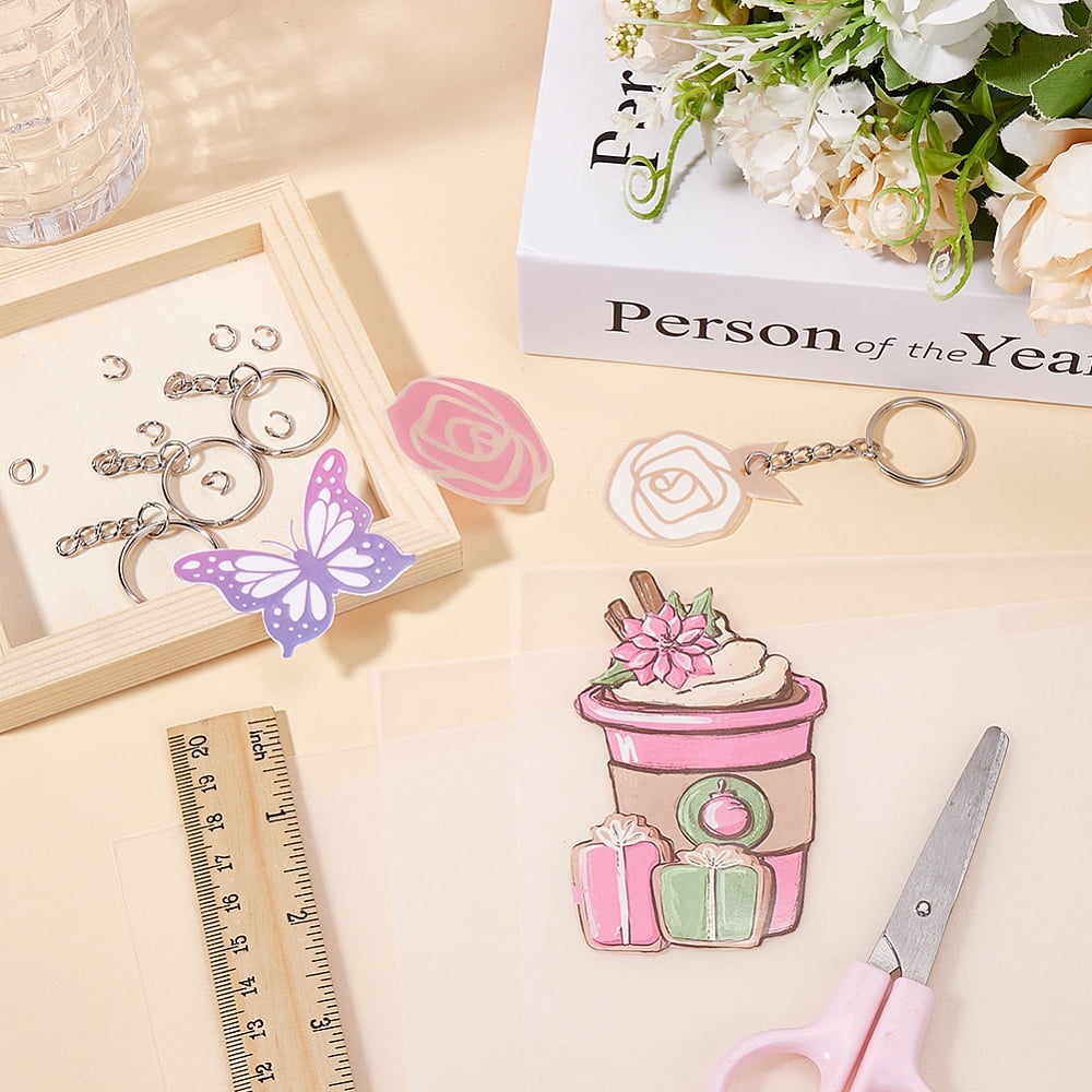 132Pcs Clear Shrink Plastic Sheets Kit 8.3 x 11.7 Inch Shrinky Dink Sheets with Keychain Printable Shrinking Art Paper Key Chains Supplies