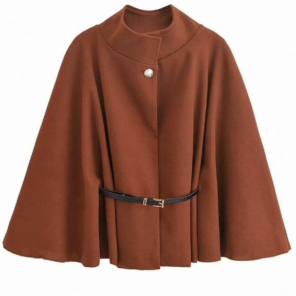 HTNBO Womens Batwing Sleeve Poncho Pea Coats Oversized Belted Trendy Casual Stand Collar Casual Cloak Cape Coats with Belt