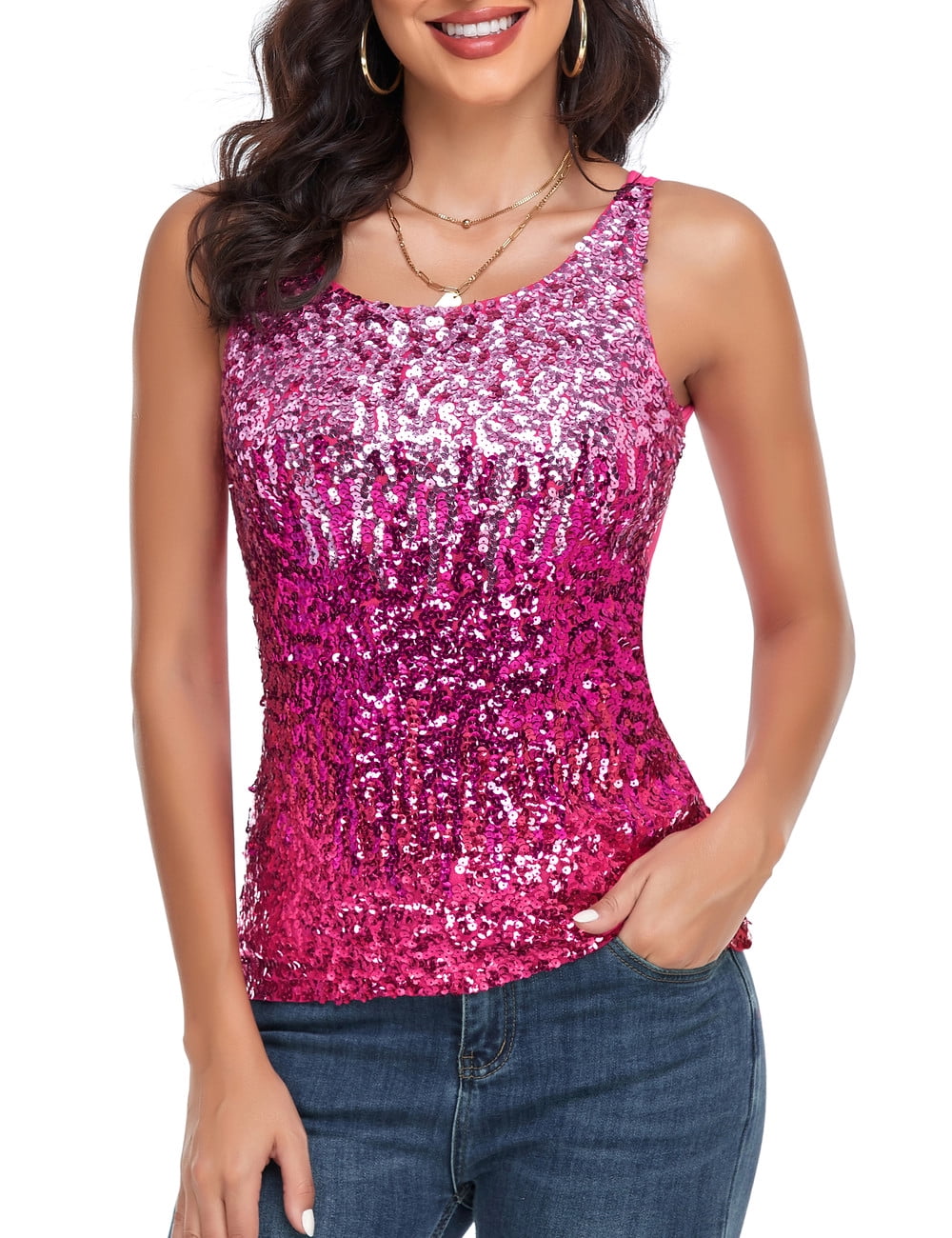 PrettyGuide Women's Sequin Top Shimmer Glam Sparkle Tank Top Vest Tops ...