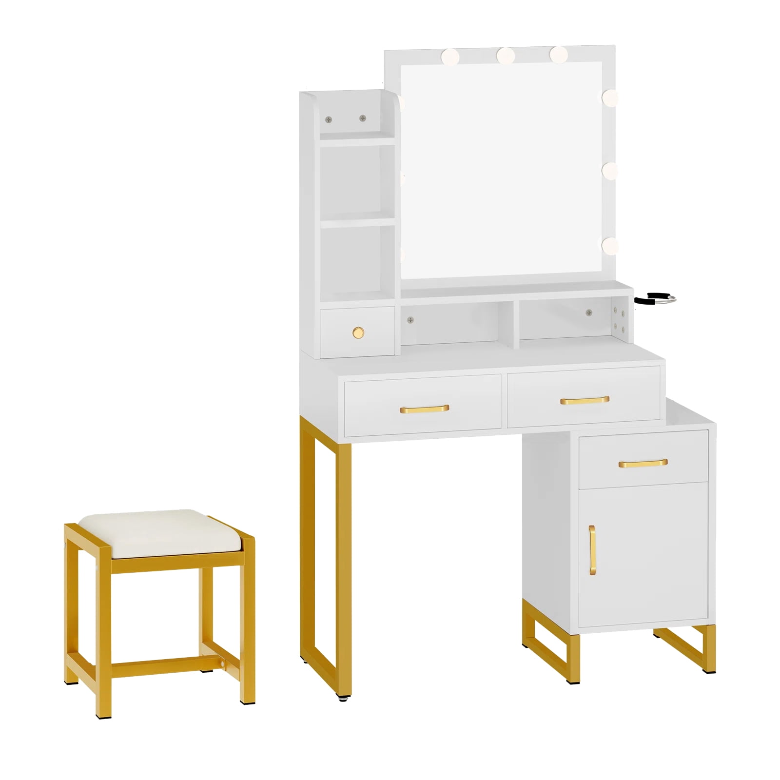 ModFusion Pure White Vanity Desk Set with 9 Hollywood-Style Bulbs, 4 Drawers, and Built-In Charging Station