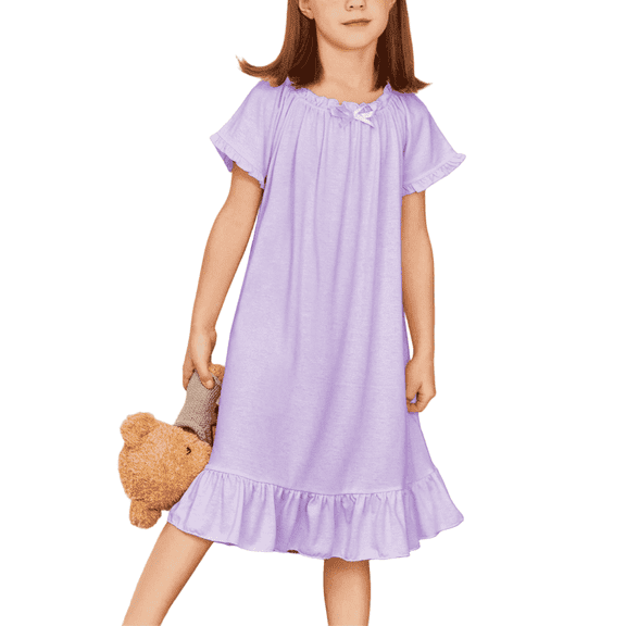 Oudiya Girls Short Sleeve Nightgowns Princess Sleepwear with Ruffled Hem Pajama Dress for Kids 3-12 Years