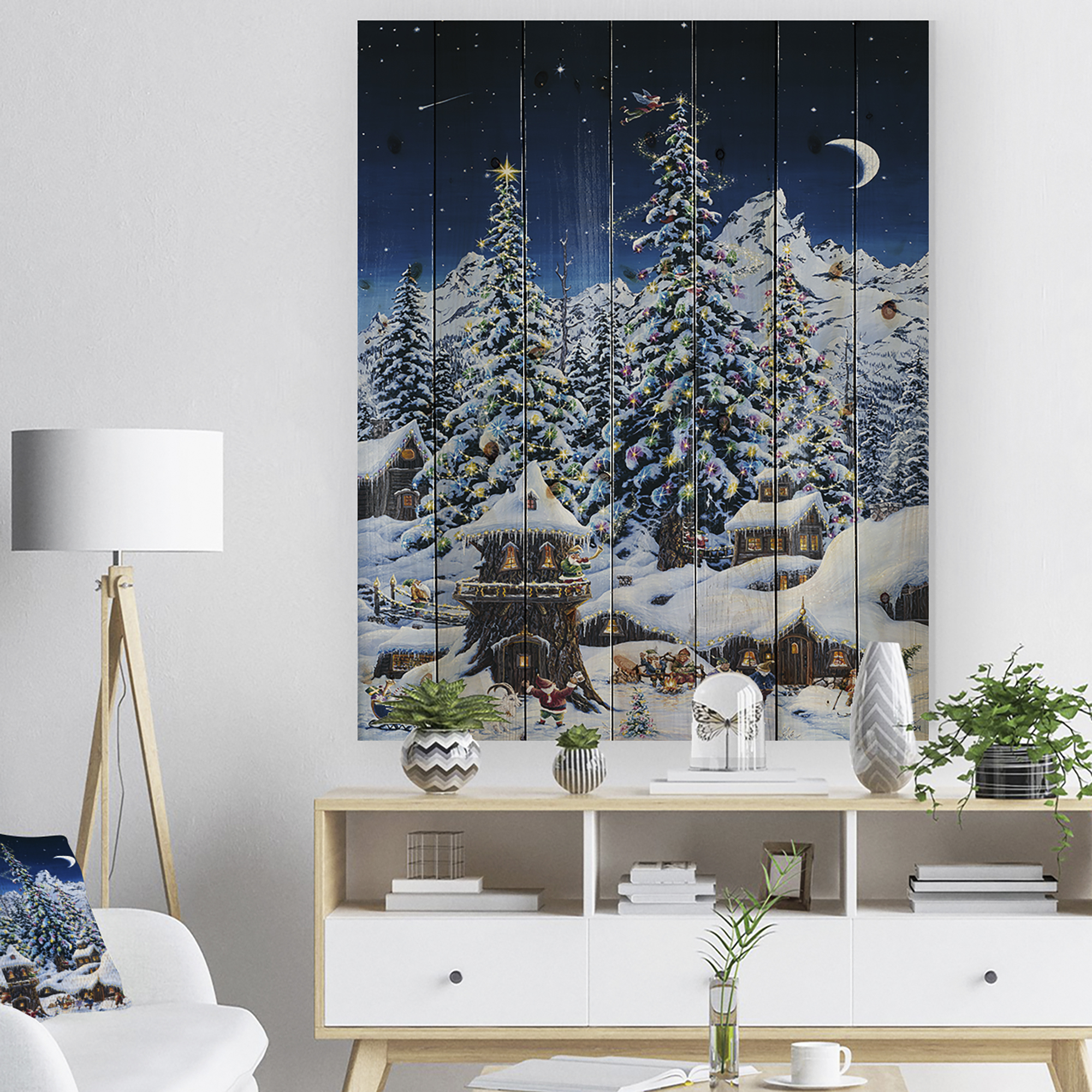 Designart 'Elf houses under large lighted Christmas trees' Print on Natural Pine Wood