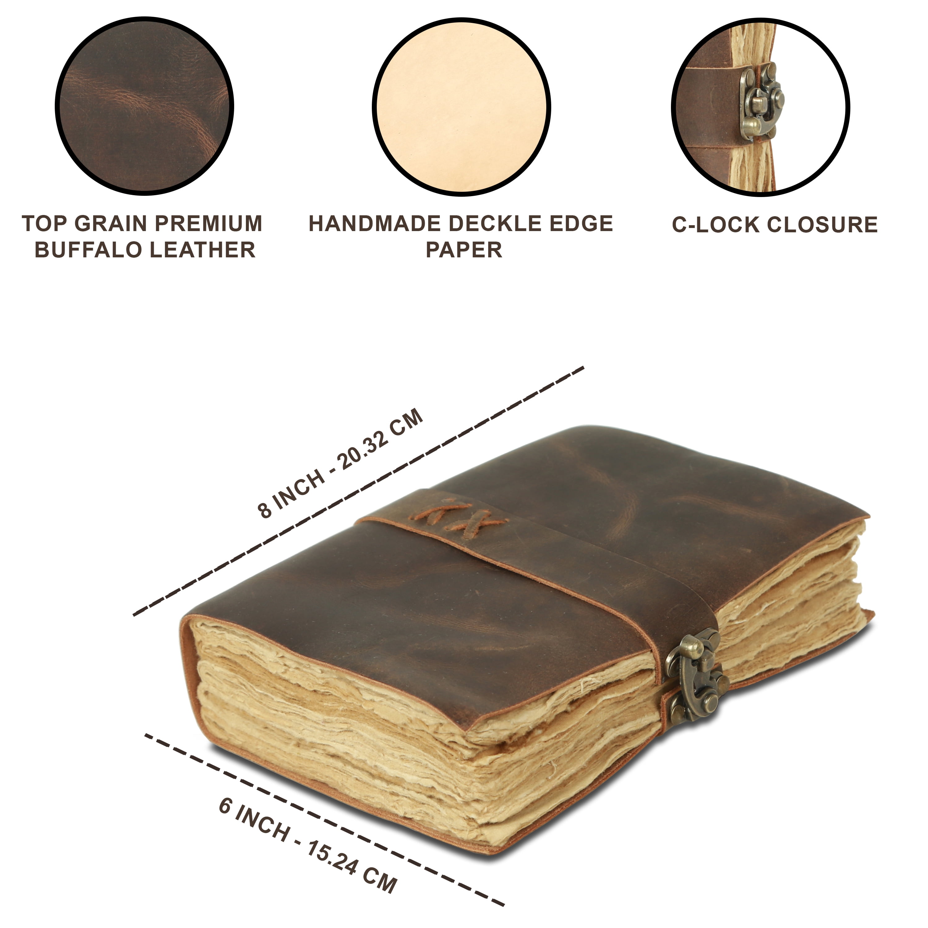 Vintage Leather Journal Handmade Buffalo Non-Refillable Deckle Edge Paper – Leather Bound Journal for Women Men C-Lock Closure Ideal for Writing & Travel for Artists