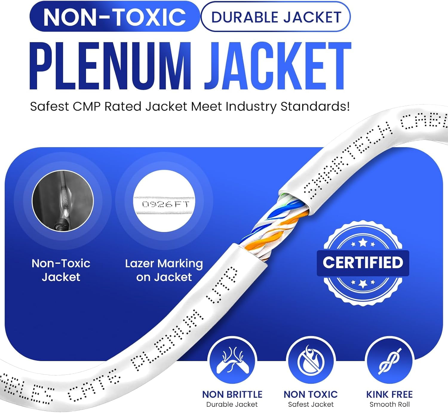 1000ft Cat6 Plenum Ethernet Cable – CMP Rated, 23AWG UTP, 550MHz, 10Gbps | High‑Speed Bulk Network Cable | Easy Pull Box White
