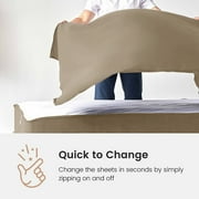 Zip On Fitted Sheet Queen Size(60X80) - Includes 1 Fitted Base + 2 Zip Sheet - Easy to Change, Won’t Pop Off Twin Sheet - Soft 600 TC Cotton Fitted Sheet- Upto 16” Deep Pocket Beige Color