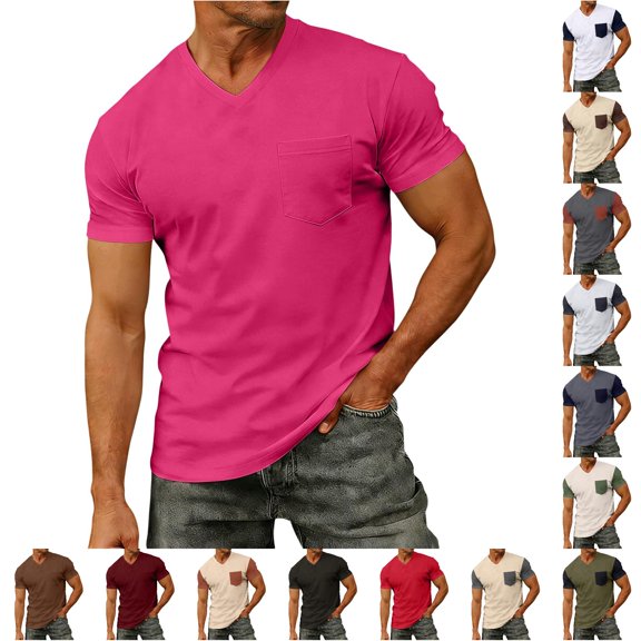 Mens T-Shirts Soft Pocket T Shirts for Men Short Sleeve V Neck Pink Tshirt for Men