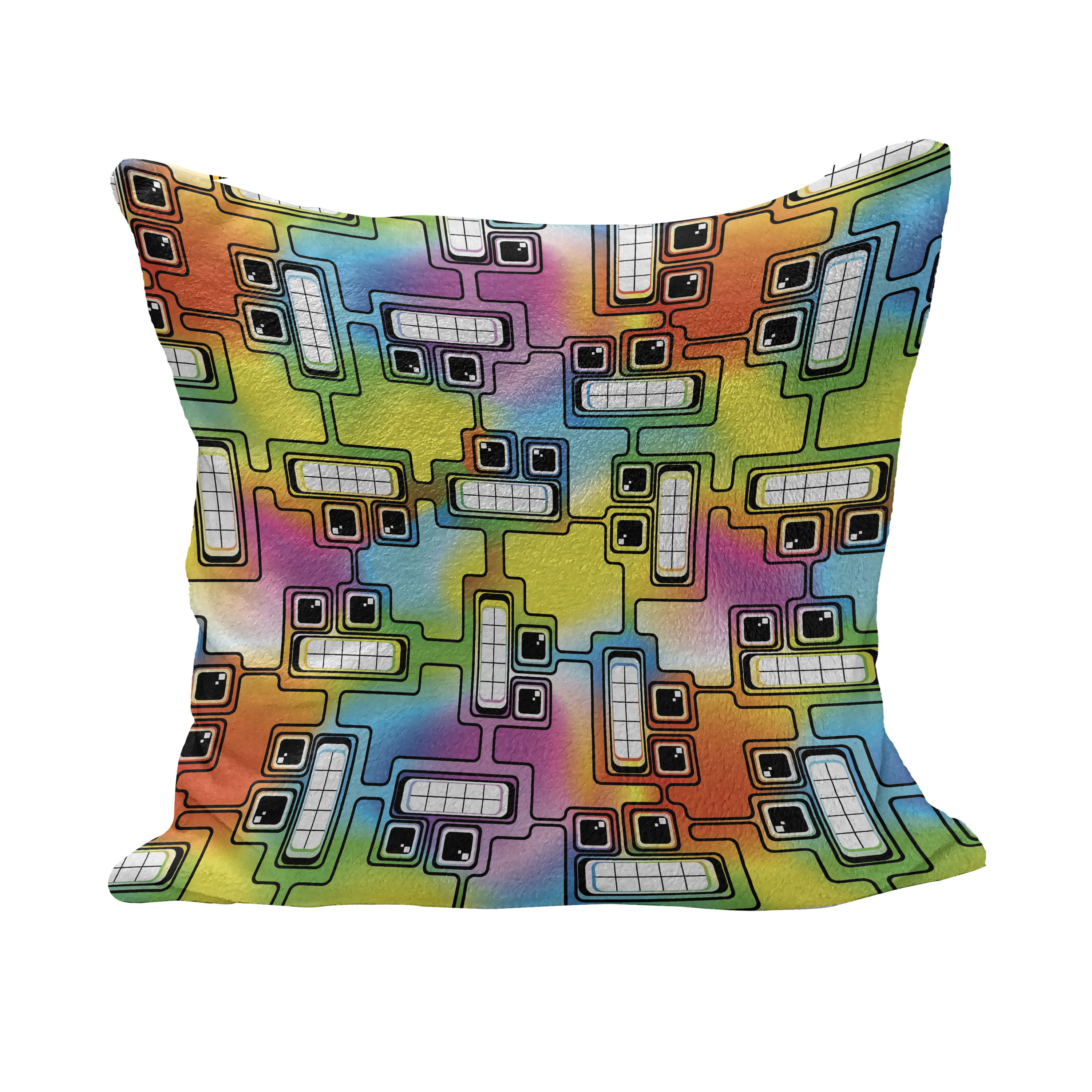 Colorful Fluffy Throw Pillow Cushion Cover, Hippie Digital Fun Characters  with Eyes and Teeth Video Games Art Pattern, Decorative Square Accent  Pillow Case, 28\