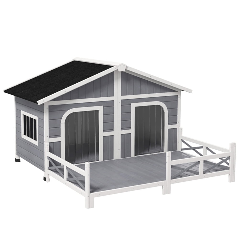 Kadyn Cabin Style Raised Dog Shelter with Roof, Doors, and Window, Wooden Dog House Outdoor with Porch, for Medium Large Sized Dog, Gray