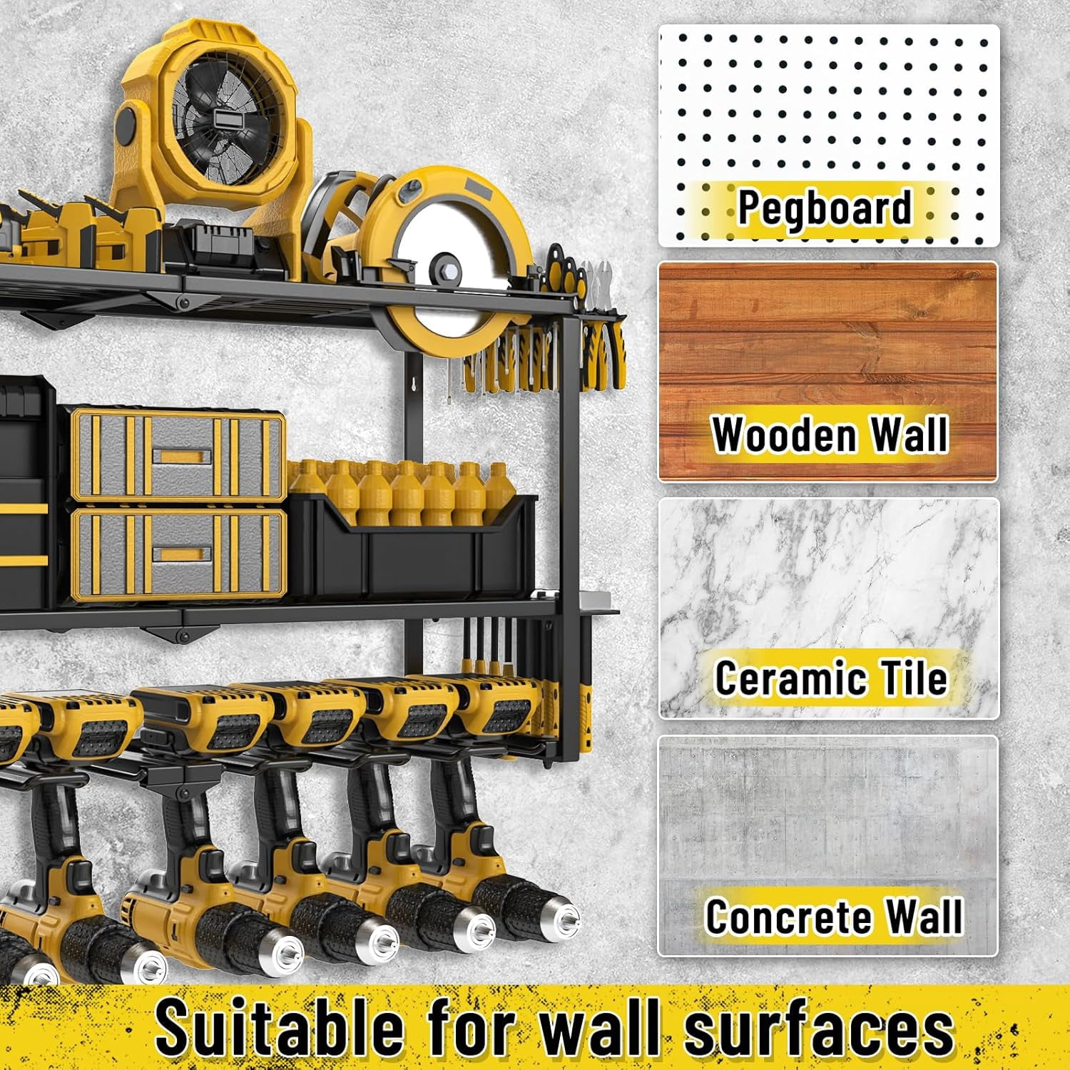 Heavy Duty 3-Tier Power Tool Organizer Wall Mount with 8 Drill Holders and Wrench Shelves for Garage Workshop Storage