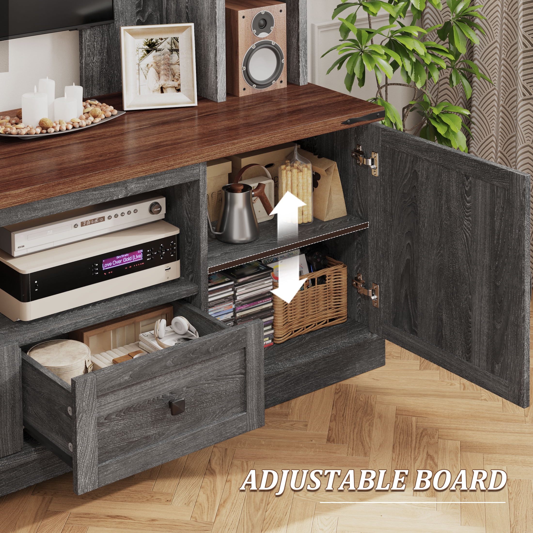 EnHomee Entertainment Center with LED Lights and Power Outlets, Large Farmhouse TV Stand for up to 60" TVs with Storage, Grey