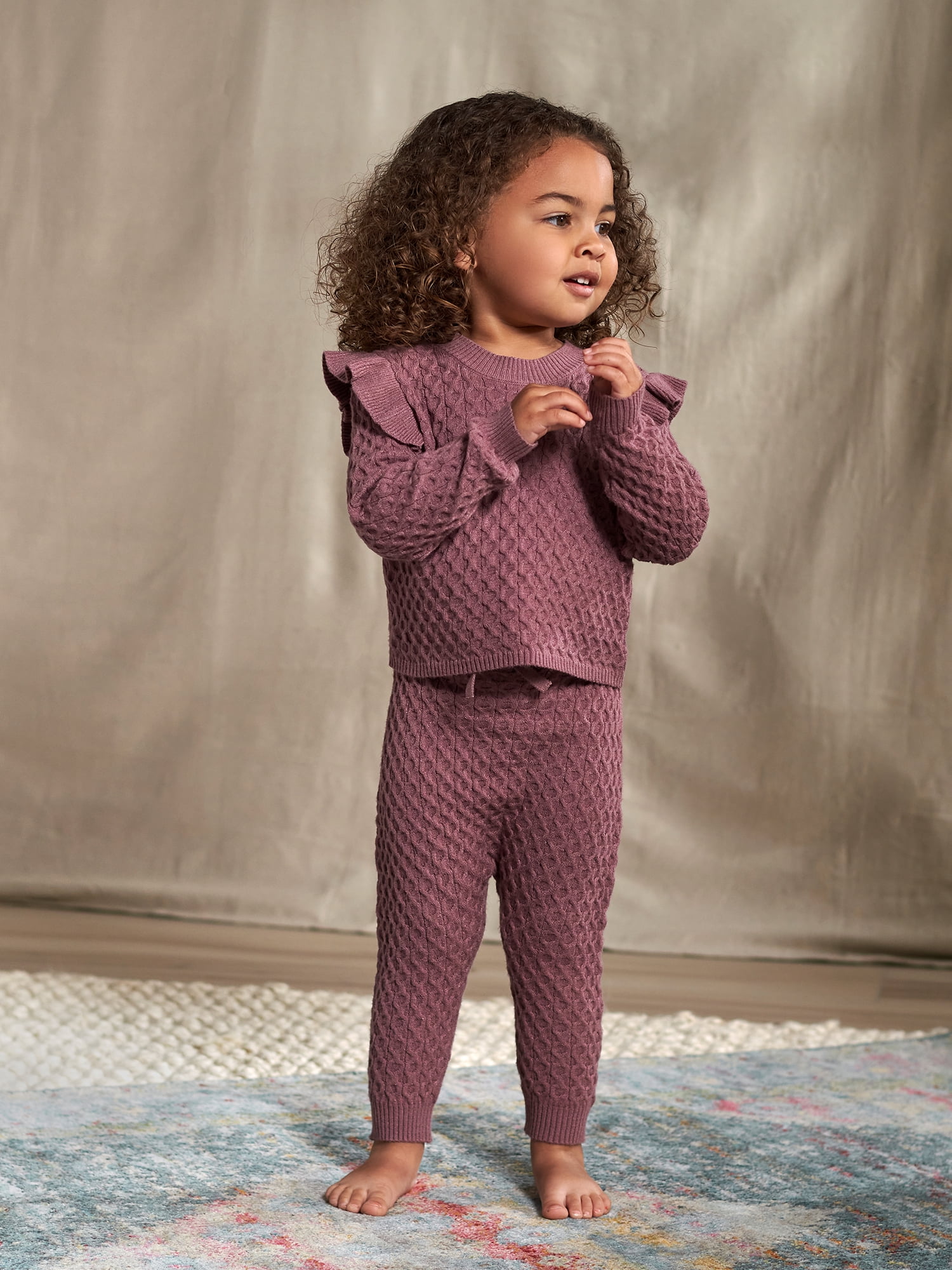 2pcs Toddler Girl Bear Embroidered Cable Knit Textured Pullover Sweatshirt and Pants Set
