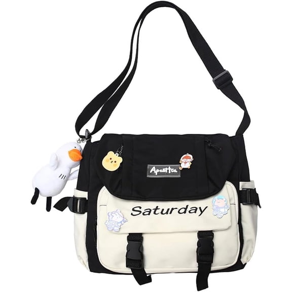 Aesthetic Messenger Bag with Stuffed Pendant and Pins Kawaii Shoulder Bag for Women Cute Japanese Ita Bag