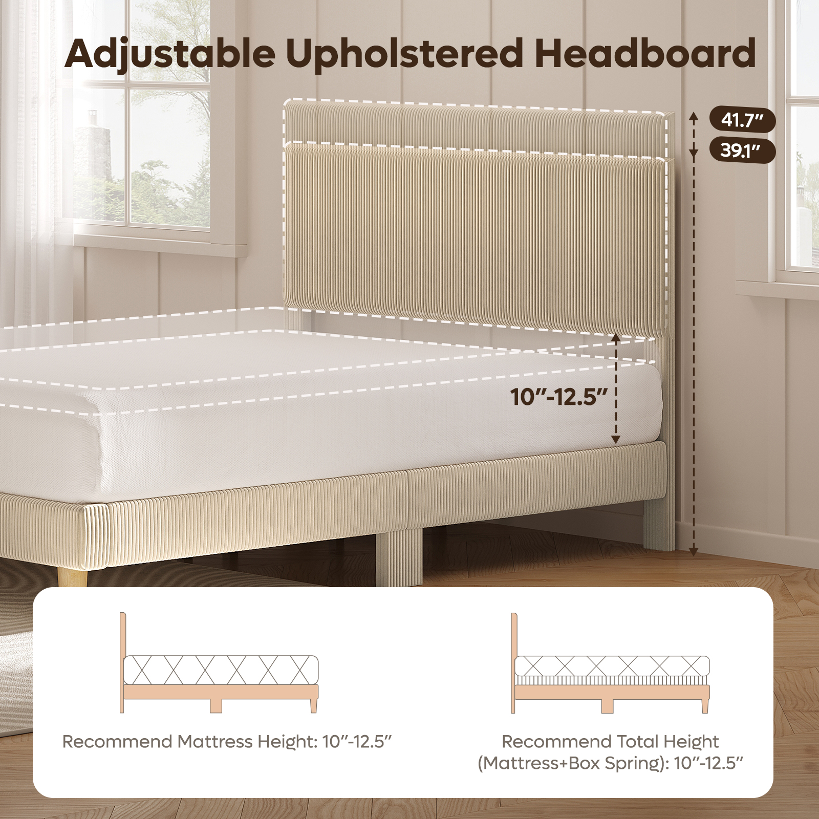 Bestier Corduroy Queen Platform Bed with LED Lights, Beige photo 4