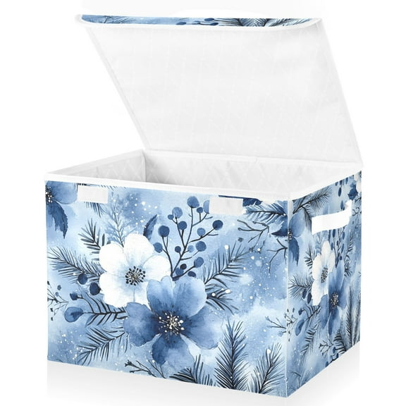 Blue and White Flowers Storage Basket for Shelves Foldable Container Organizer for Organizing Toys Clothes Books with Handles