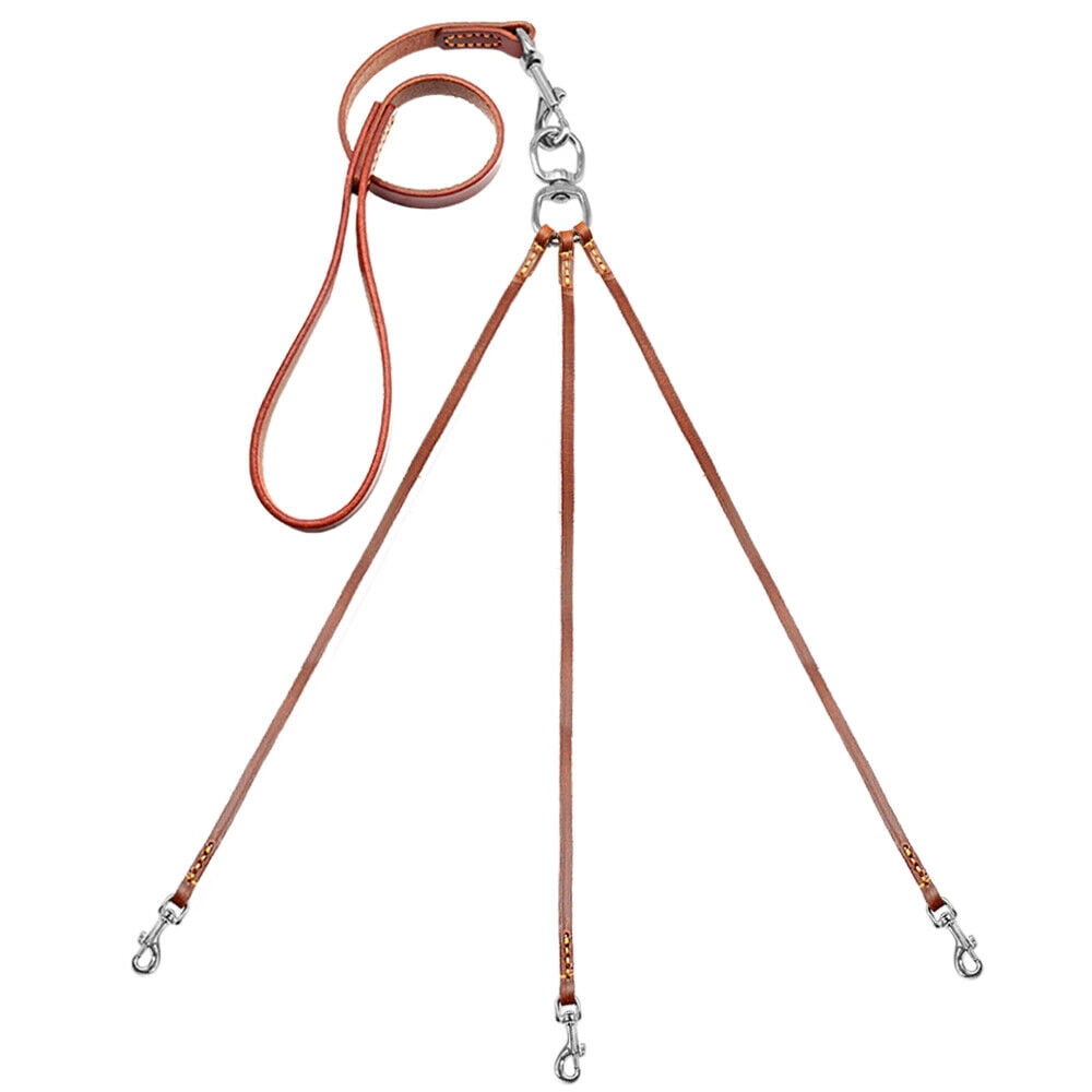 Pet Artist Genuine Leather Triple Dog Leash Couple 3 Way Pet Walking Leashes Brown for 3 Dogs