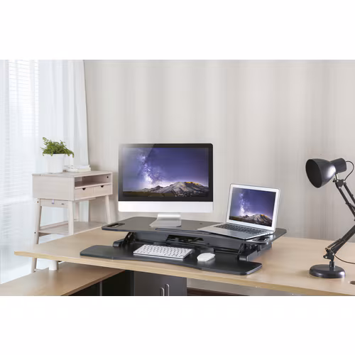 Amer Mounts Sit/Stand 37.4" Height Adjust Desk - EZRiser36 Height Adjustable Sit/Stand Desk Computer Riser, Dual Monitor Capable, 37.4" wide with Keyboard Tray - Black Finish