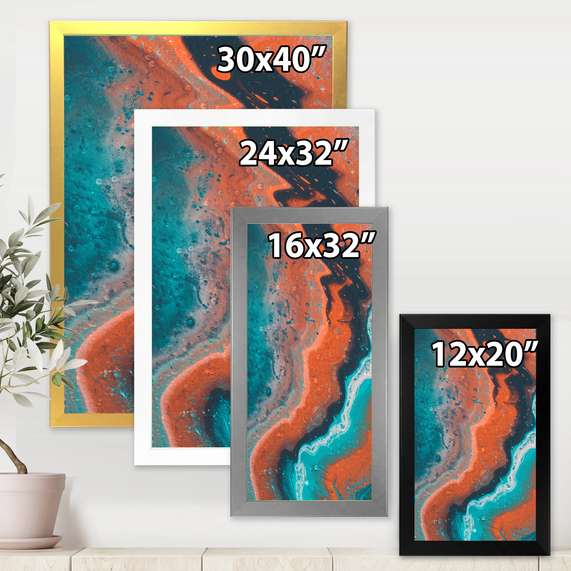Designart 'Abstract Marble Composition In Orange and Blue I' Modern Framed Art Print