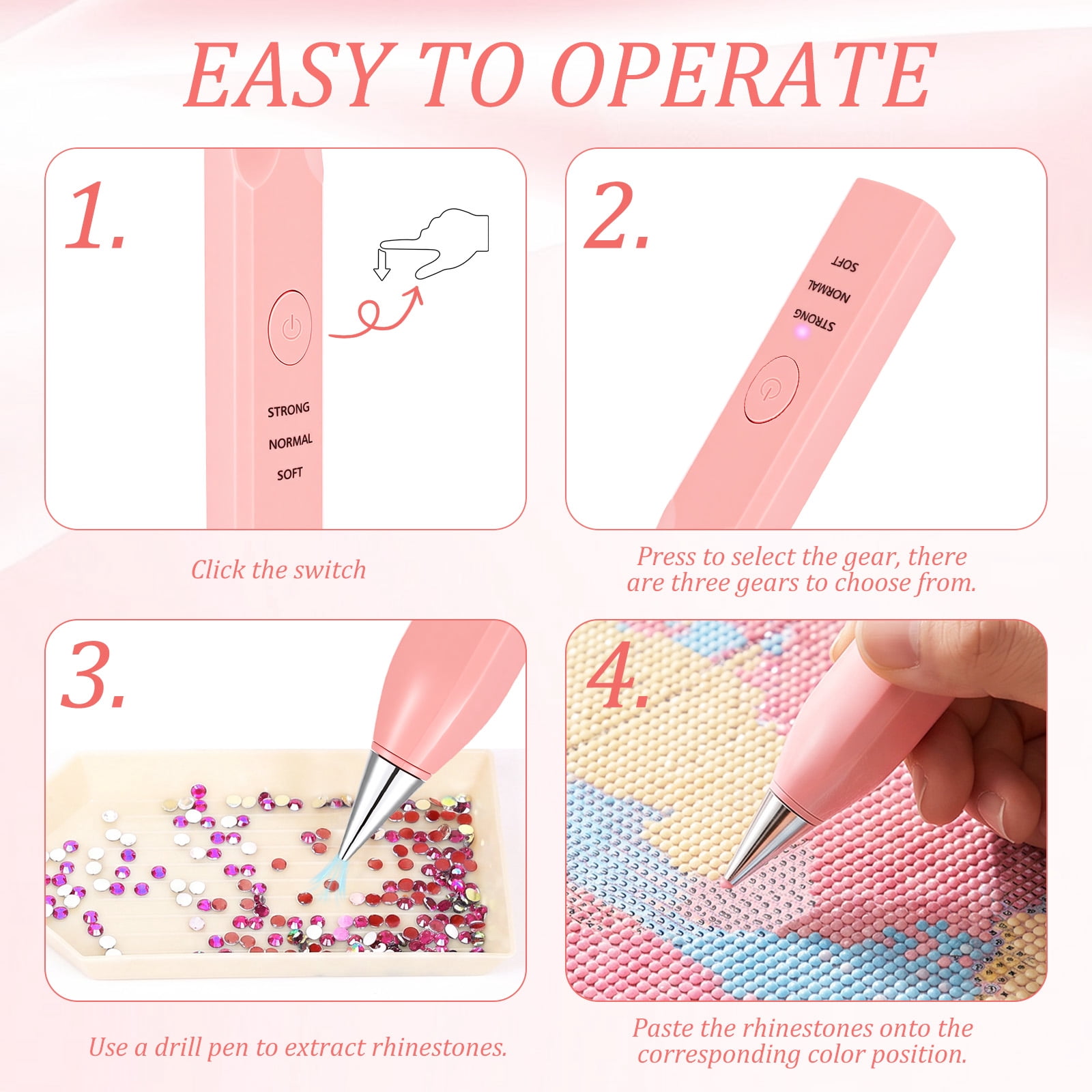Electric Diamond Painting Pen with 4 Drill Nibs, Rechargeable Vacuum Rhinestone Art Pen Kit – Multipurpose Portable Tool for Adults DIY
