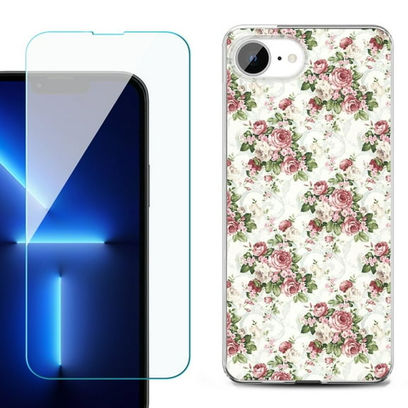 For For iPhone 16e Phone Case Cover, Shockproof Case with Tempered Glass Screen Protector, by OneToughShield - Floral/Rose