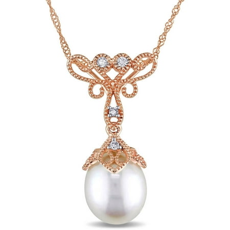 Miabella 9-9.5mm Cultured Freshwater Pearl and Diamond-Accent 14kt Rose Gold Floral Pendant, 17