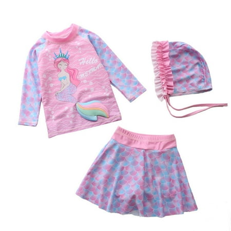 

SILVERCELL Toddler Girls Mermaid Swimsuit Long Sleeve Swim Cap Three-piece Suit Set
