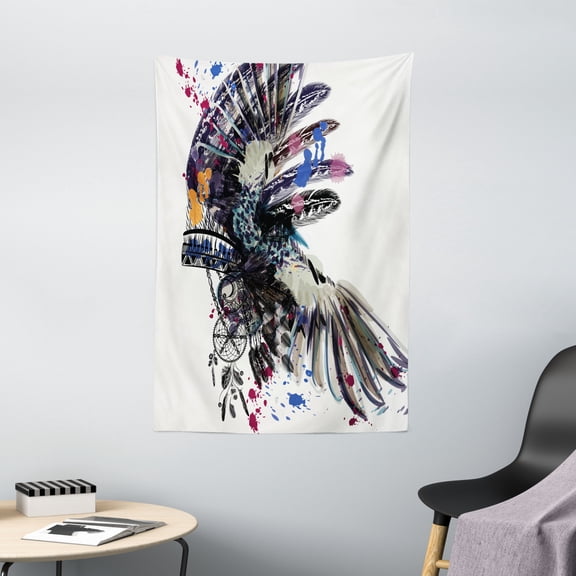 Feather Tapestry, Ethnic Boho Fashion Theme Headdress with Colorful Ink Spots Tribe Chief Vintage, Wall Hanging for Bedroom Living Room Dorm Decor, 40W X 60L Inches, Multicolor, by Ambesonne