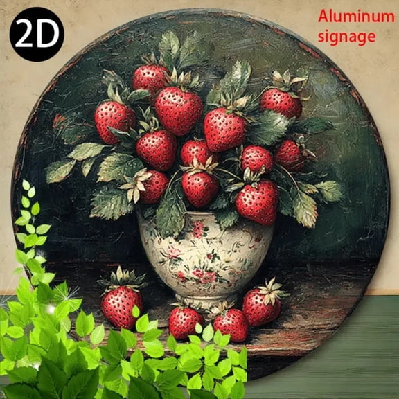 HELLOYOUNG Vintage Tin Sign Metal Wall Art, Rustic Strawberry Floral Vase Decor with Red Berries Green Leaves, Lightweight for Home Kitchen
