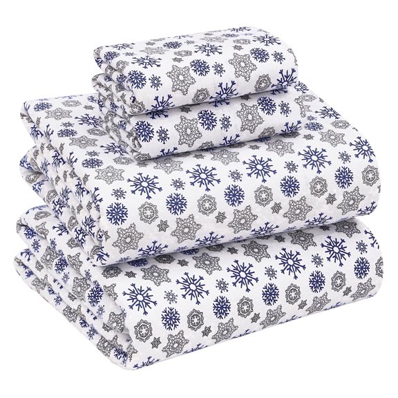 RUVANTI Flannel Sheets Queen Size - 100% Cotton Double Brushed Bed Sheets, Deep Pockets 16 Inches Queen Sheet Set, All Seasons Breathable & Extra Soft - Warm & Cozy, 4 Piece, Snow Flake Grey
