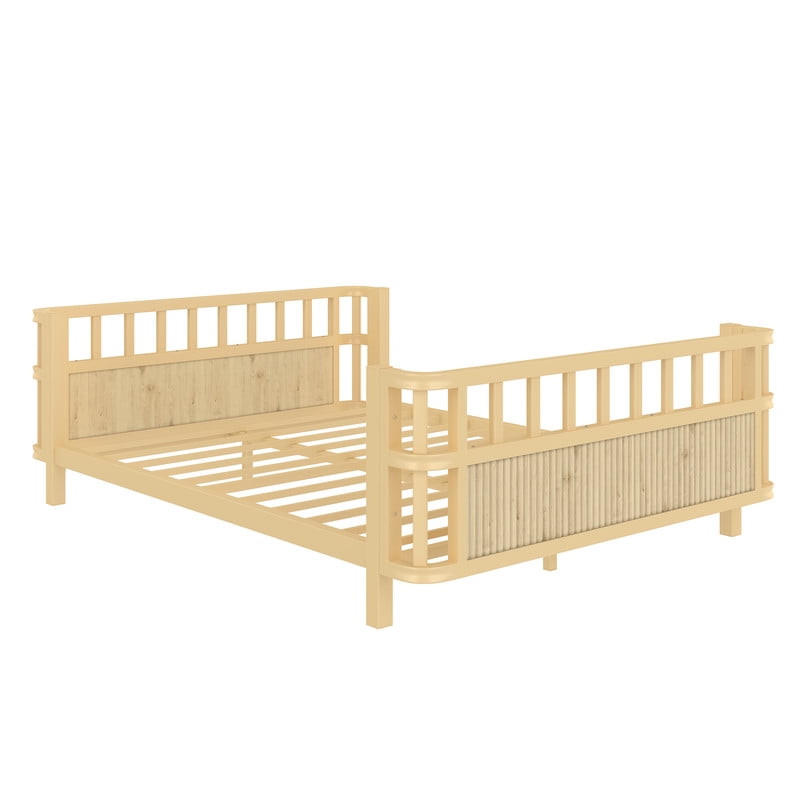 Bellemave Full Size Montessori Bed with Fence, Metal Low Platform Bed Frame with Detachable Side Bed Rails and Rounded Corner Design, Multiple Usage Methods Bed, No Box Spring Needed (Natural）