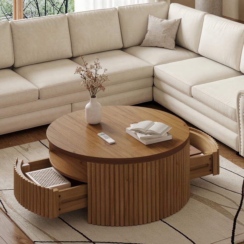 30.3'' Round Fluted Coffee Table with Dual Hidden Storage Drawers, 2-Tier Design Center Cocktail Table with Open Shelf