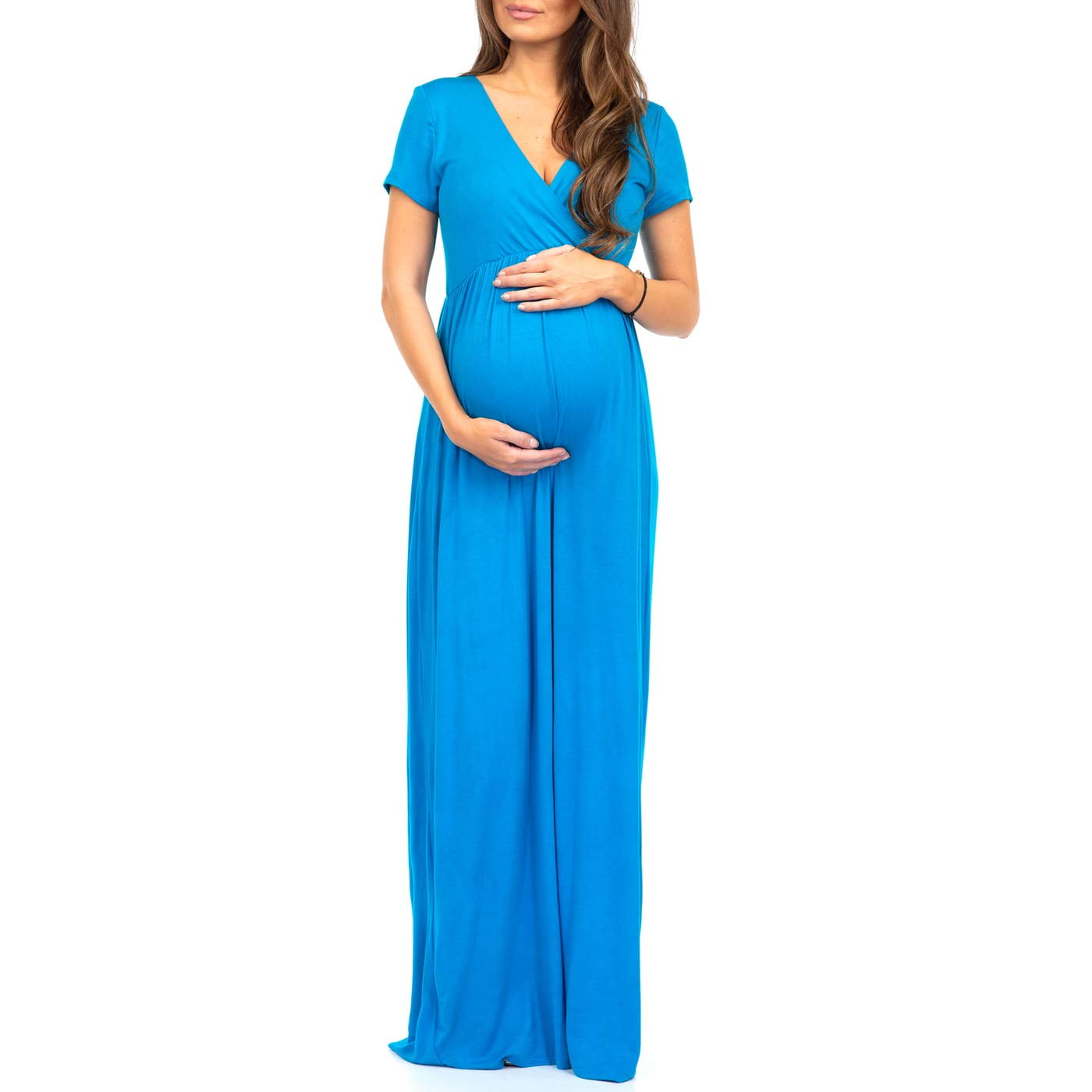 Mother Bee Maternity Short Sleeve Ruched Waist Faux Wrap Maxi Dress