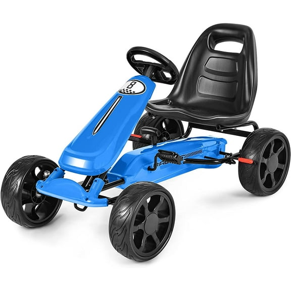 Costway Go Kart de Pedales Montable para Niños Conducción en Exterior con Asiento Regulable Embrague Freno de Mano Azul