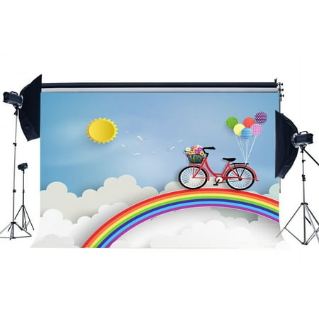 Image of HelloDecor 7x5ft Photography Backdrop Cartoon Golden Sun Balloon Vintage Bicycle Flowers Rainbow White Cloud Baby Blue Birthday Backdrops for Girl Boys Portraits Background Photo Studio Props