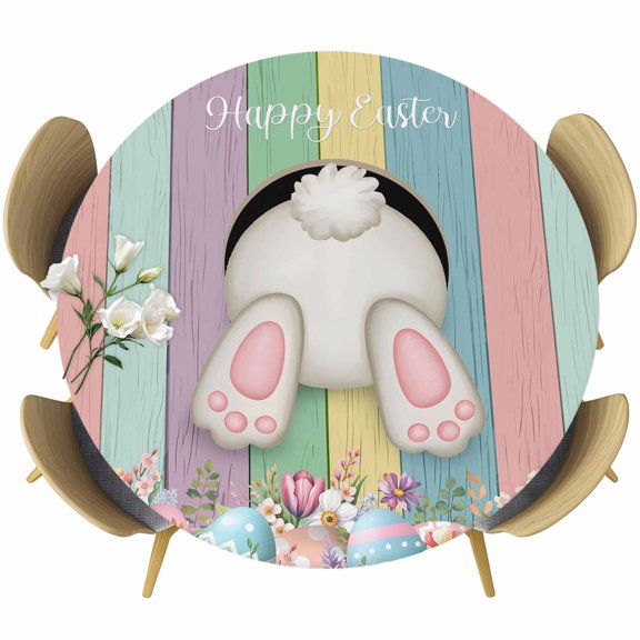 Easter Bunny Round Tablecloth, Fitted Table Cover with Elastic for 55"-60" Round Tables, Cute Rabbit Eggs Flowers Colorful Wood Plank Table Cloth Outdoor Indoor Dinning Party Waterproof Tablecloths