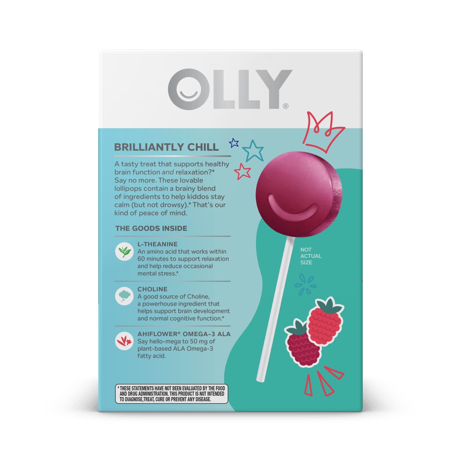 Olly Mellow Buddies Brainy L’OLLY Pops, Kids 4+, L-theanine, Choline, Omega-3, Raspberry Flavored Lollipops, 25 Ct