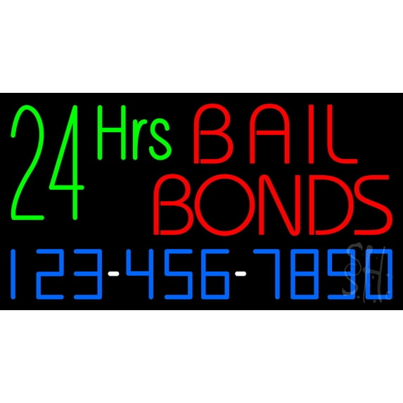 24 Hrs Bail Bonds with Phone Number LED Neon Sign 13 x 24 - inches, Black Square Cut Acrylic Backing, with Dimmer - Bright and Premium built indoor LED Neon Sign for Defence Force.
