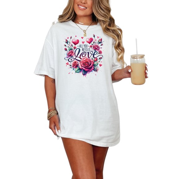 Romantic Love Quote T-Shirt, All You Need Is Love Shirt, Floral Love Message Tee, Heart and Roses Graphic Top, Valentines Day Gift, White Comfort Colors T-Shirt, Small