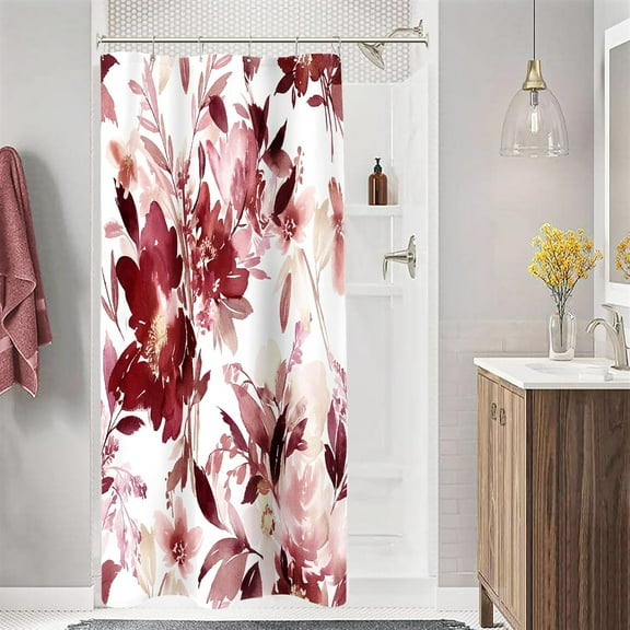 Small Stall Shower Curtain 36 x 72 Inch, Half Narrow Watercolor Floral Fabric Shower Curtain, Modern Abstract Burgundy Red Flower Bathroom Shower Curtain Set with Hooks