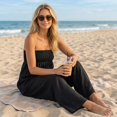 thumbnail image 6 of JULMCOMO Jumpsuits for Women Off Shoulder Sleeveless Summer Jumpsuits Tie Front Strapless Wide Leg Casual Baggy Overalls with Pockets Black S, 6 of 8