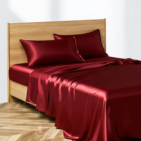 HTOOQ Satin Silk Sheets Queen Bed Set 4 Pcs, Soft and Durable Pillowcase, Flat Sheet and Fitted Sheet, Hotel Luxury Bed Sheets Set(Queen, Burgundy)