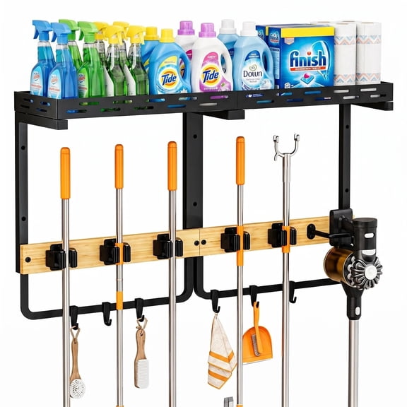 MQHOOB Broom Holder Wall Mount, Large Cleaning Supplies Organizer with Gripper Hooks & Vacuum Storage Shelf, Wall Hanging Rack for Kitchen, Laundry Room & Garage